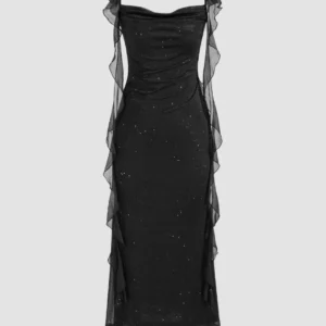 LITTLE BOX Black Ruched Ruffle Mesh Sleeveless Bodycon Midi Dress